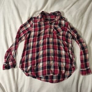 Falls Creek Plaid Button Down Shirt Women’s Large Pink Blue Lightweight Flannel